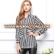 2015 Women Black And White Striped Long Sleeve Chiffon Turn Down Collar Top Blouse